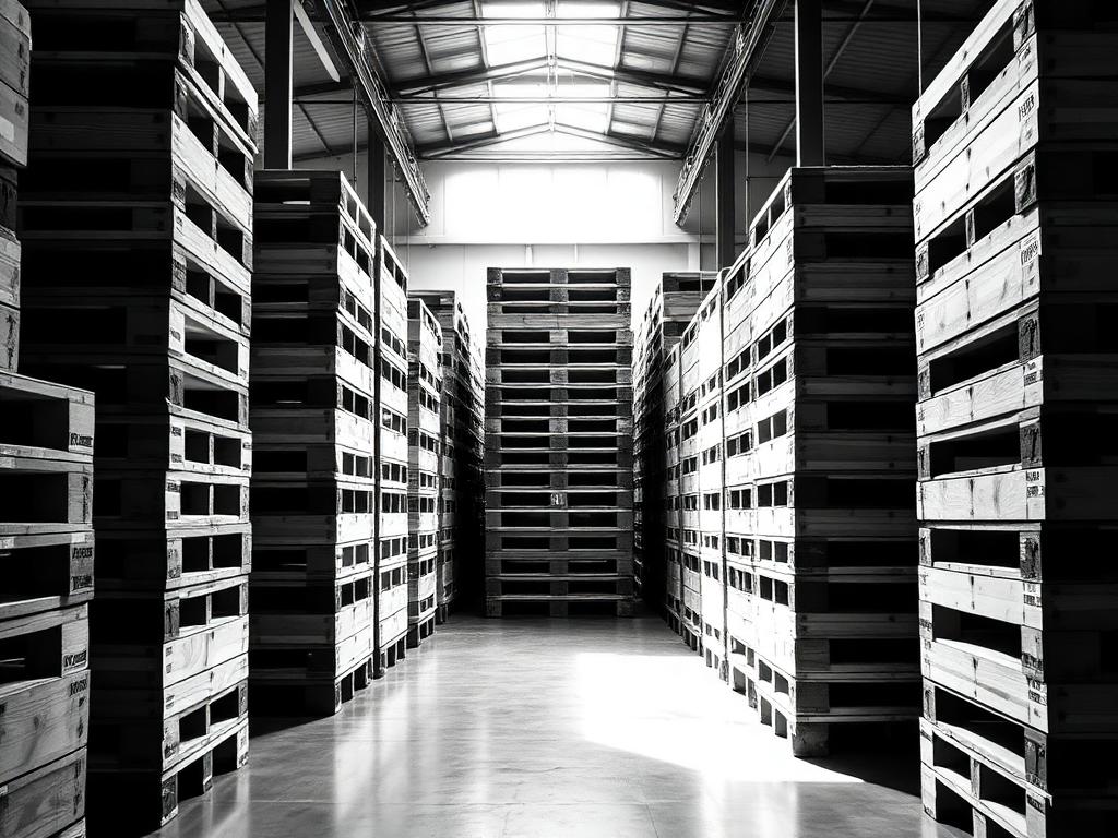 Neatly stacked new wooden pallets in a warehouse aisle